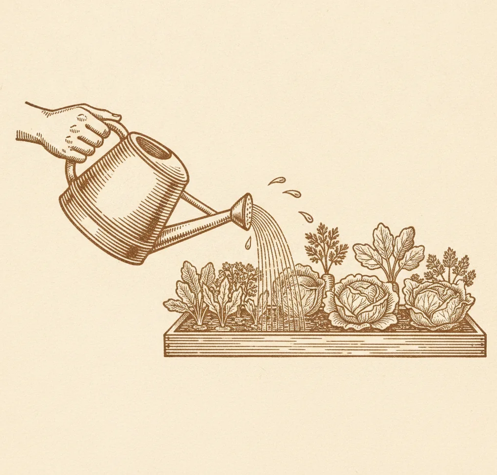 A gardener watering a bed of vegetables with a watering can